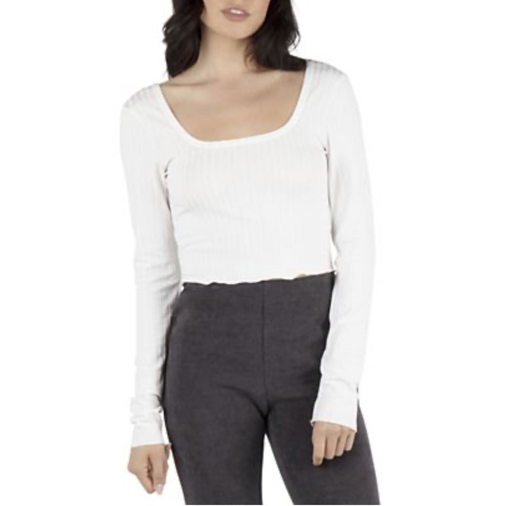 And Now This Ribbed Knit Top Square Neck Long Sleeve Cropped White Size L NWT